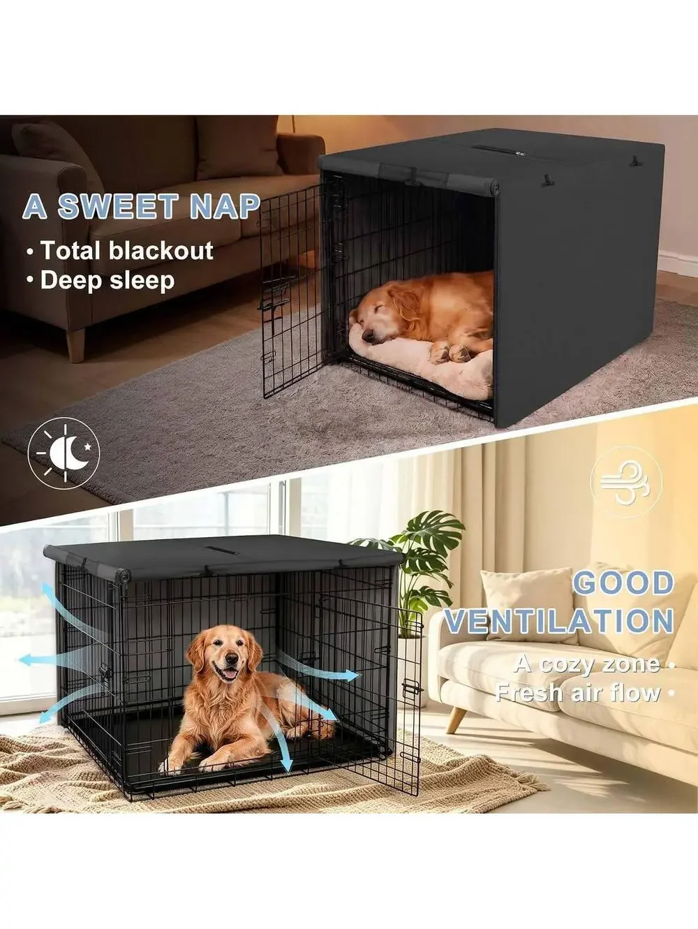 Dog Crate Cover - 48 Inch, Black Oxford Cloth, Windproof, Breathable